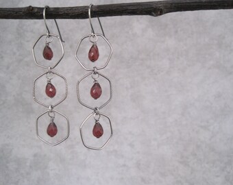 Garnet Earrings - Semi Precious Stones - Chandelier - January  Birthstone - Red - Faceted - Oxidized Silver- Windowpane -