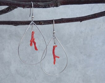 Red Coral Silver Hoop Earrings - Asymmetrical - Natural Coral - Sterling - Oxidized - Teardrop -One of a Kind - Large Hoops - Summer Style