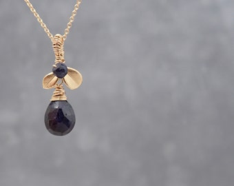 Dark Sapphire Necklace  - September Birthstone - Blue Sapphire Sprout Necklace - Nature Lover - Sapphire Solitaire - Gold