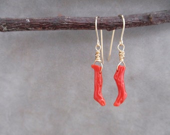 Simple Red Coral Earrings - Branch Coral - Red Drop Earrings - Dangles - Perfect Red - Italian Branch Coral - Red and Gold - Beach Lover