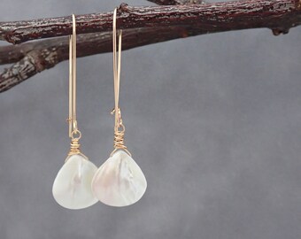 White Earrings - Shell Earrings - Summer - Dangle Earrings - Mother of Pearl - Light- Gold-  Bright and White Mother of Pearl  Earrings