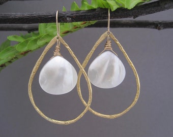 Hoop Earrings - Decorative Gold Teardrops - Textured- Shell - White shell - White Mother of Pearl - Mother of Pearl - Summertime - Statement