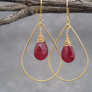Hoop Earrings - Ruby  Earrings - Gold Hoops - July Birthstone - Deep Fuchsia Ruby and Gold - Faceted Stone -Natural Stone Jewelry