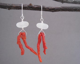 Sea Glass Earrings - Red and White - Patriotic - Summer Fun - White Beach Glass - Upcycled - Recycled - Red Coral - Italian - Branch Coral