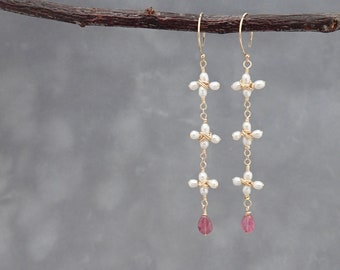 Elegant Pearl and Tourmaline Earrings - Pearl Flowers - Tourmaline Drops - Pink Tourmaline - Hand Crafted Wire Wrapped Flowers