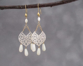 White Chandelier Earrings - Mother of Pearl - Carved Shell - Iridescent - Summer Style - Ocean Inspired - Moroccan Arch - Ethnic Flair