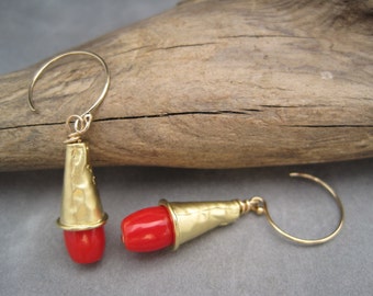 Red Hot - Red Coral Earrings - Coral - Red Drop Earrings - Dangles - The Perfect Red Earring - Fun For Summer - Red and Gold Dangles