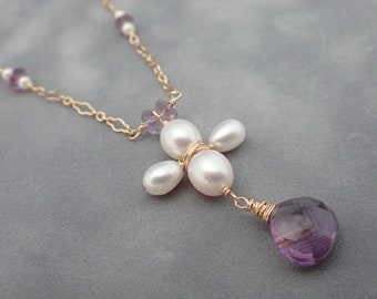 Amethyst and Pearl Necklace - Renaissance Style - Medieval - Jewelry - Renaissance Cross - Pearl Cross Gold Fill Chain