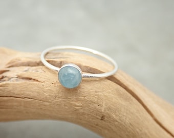 Aquamarine Cabachon Ring - Stackable - Stack Ring - Mix and Match - 5mm stone - Size 8 - Light Blue - Silver Band