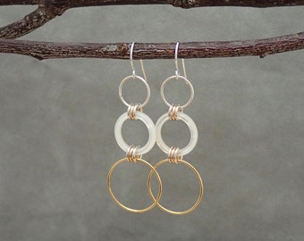 White Earrings - Mother of Pearl - Gold Hoops - Shell - Mixed Metal - Hoop Earrings - White Mother of Pearl  Earrings  Dangle Earrings