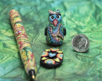 Colorful polymer clay owl, magnet, and desk pen set