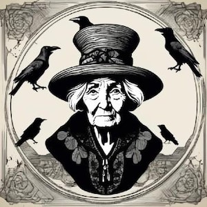Puede incluir: Ilustración en blanco y negro de una mujer mayor que lleva un gran sombrero de ala ancha y una capa negra. Cinco cuervos negros están posados a su alrededor.
