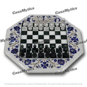 Handmade Marble Inlay Chess Set: Lapis Lazuli, Jasper, Mother of Pearl - Agra Art