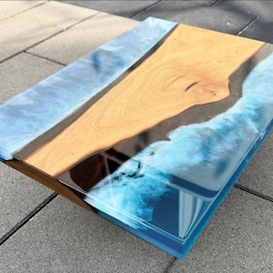 Blue Epoxy Resin River Table Top: Handmade Coastal Wood Dining or Coffee Table