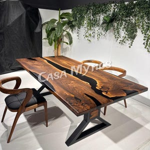 Black Epoxy Walnut Wood Dining Table – Handmade Epoxy Resin Table – Luxury Walnut Epoxy Dining Room Furniture – Custom Size