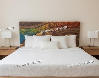 Personalized Live Edge Wood Blue Epoxy Resin Headboard – Custom River Bedhead Wall Decor
