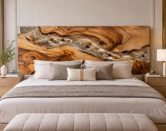 Custom Walnut Epoxy River Headboard, Natural Stone Inlay, Gold Accent (King Size)