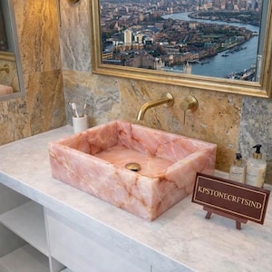 Luxury Rose Quartz Rectangular Vessel Sink, Handcrafted Natural Gemstone Wash Basin