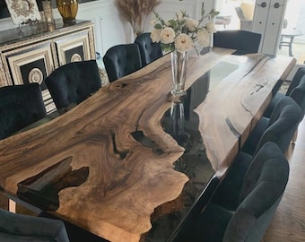 Handmade Walnut Wood Epoxy River Dining Table: Custom Black Resin