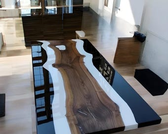 Live Edge Acacia Wood River Table: Black & White Epoxy Resin Dining Table