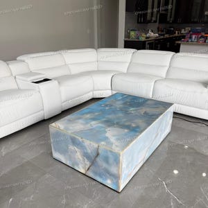 Blue Onyx Coffee Table, Natural Gemstone Rectangular Center Table, Backlit Translucent Stone