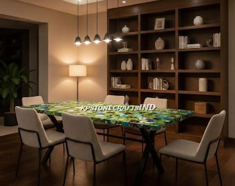 Mesa de comedor de ágata verde hecha a mano / Muebles de piedras preciosas de mediados de siglo