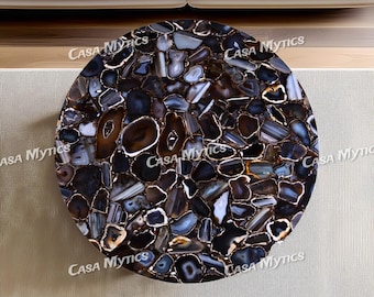 Black Agate Round Coffee Table: Handmade Luxury Gemstone Slab