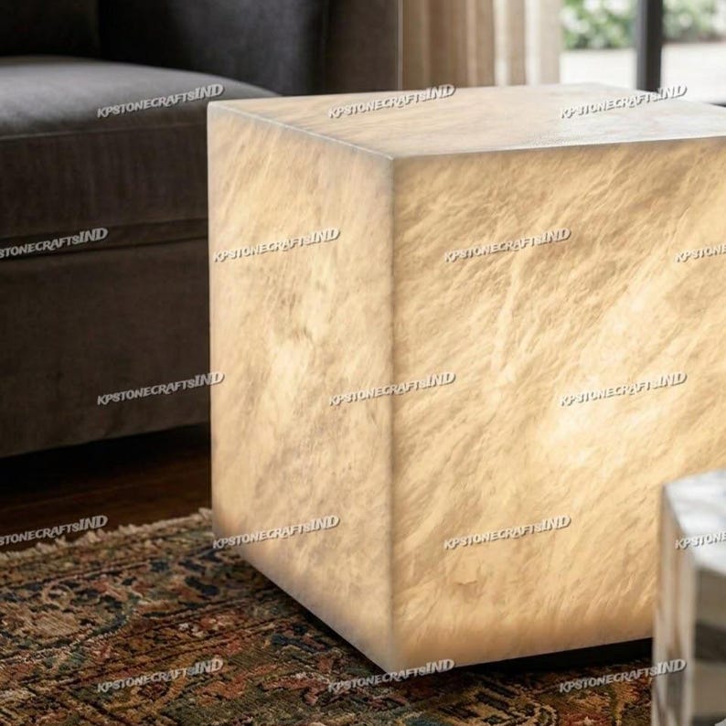 Glowing Alabaster Cube Side Table – Natural Stone End Table With Light ...
