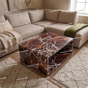 Rosso Levanto Marmor Couchtisch, moderner rechteckiger Sockel in der Mitte