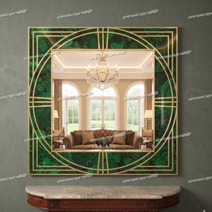 Luxury Malachite Wall Mirror, Art Deco Brass Inlay Frame, Rectangular Statement Mirror