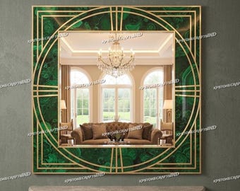 Espejo de pared de lujo en malaquita, marco con incrustaciones de latón estilo art déco, espejo rectangular que marca la diferencia.