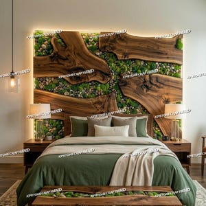 May include: A large rectangular headboard featuring natural live-edge wood slabs integrated with green moss and smooth river stones. The bed is dressed in olive green bedding with multiple pillows, flanked by two wooden nightstands and table lamps.