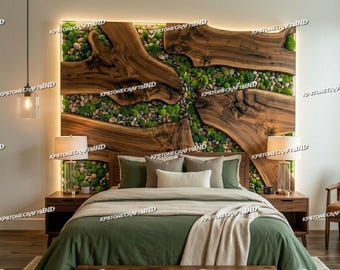 Cabecero de lujo de nogal con borde natural y musgo, cabecero de cama de madera hecho a mano con incrustaciones de resina y piedra, muebles de dormitorio modernos y orgánicos para camas king y queen.