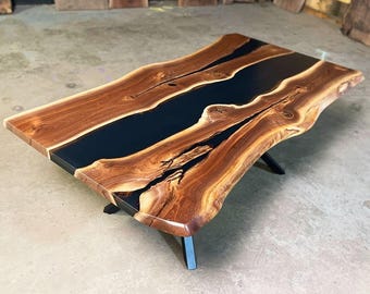 Black Epoxy Walnut Table: Handmade Live Edge Wood Dining Desk