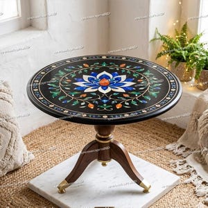 Handgemaakte zwarte marmeren Lotus Pietra Dura salontafel, ronde bijzettafel halfedelsteen