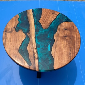 Custom Ocean Epoxy Round Table | Olive Wood + Blue, Emerald, White Resin | Handmade Dining or Coffee Table | Sea Table | 100% Handmade