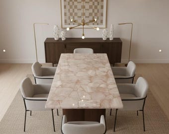 Handmade Rose Quartz Agate Table Top | Luxury Gemstone Dining Table