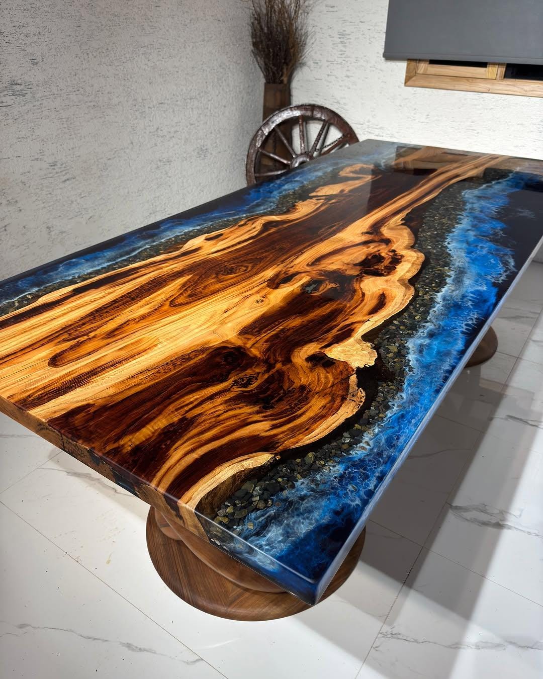 Handmade Blue Epoxy River Table: Solid Walnut Wood, Glossy Finish