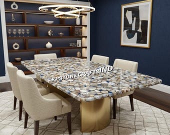 Handmade Mixed Agate Dining Table Top, Luxury Gemstone Decor