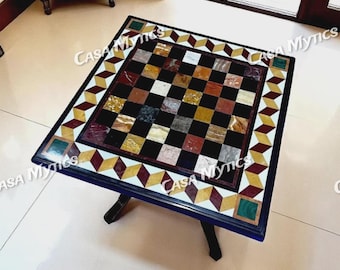 Handgemaakte zwartmarmeren schaakbordtafel: inlegwerk van halfedelsteen