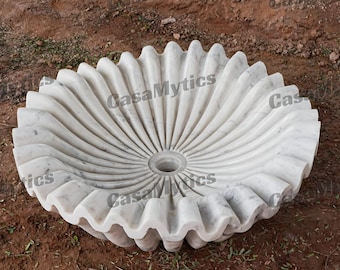 Handmade White Marble Ruffle Sink: Scallop Flower Vanity Bowl