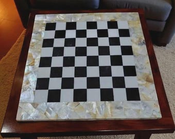Handmade Marble Chess Table Top | Black White Checkerboard Pietra Dura Inlay Coffee Table