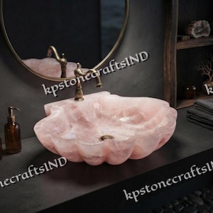 Handcrafted Rose Quartz Sea Shell Vessel Sink, Luxury Coastal Bathroom Vanity Basin