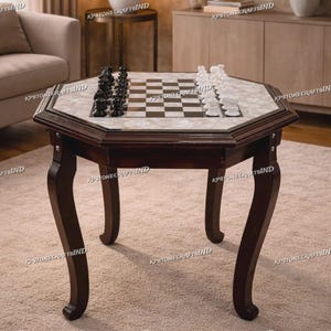 May include: A dark wood chess table with a mother-of-pearl inlaid top. The table has dark brown curved legs and a chess set with black and white pieces is set up on the board. The table is approximately 61 cm in height.