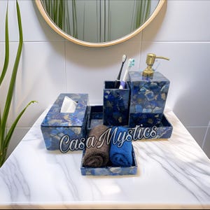 Natural Blue Lapis Bathroom Set | Handmade Luxury Bath Accessories | Bathroom Decor | Gemstone Tissue Box & Soap Dispenser | Customizable
