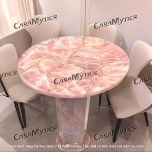 Natural Pink Rose Quartz Table Top – Handmade Round Pink Agate Dining or Coffee Table | Crystal Stone Center Table for Living Room or Office