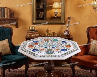 Bordsskiva i marmor med blommigt inlägg, Pietra Dura stenkonst, handgjord vit marmorkaffe