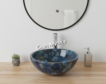 Handmade Blue Agate Stone Sink | Luxury Gemstone Vessel