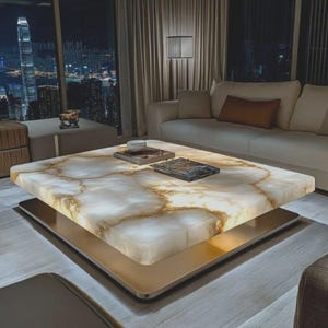 May include: A modern square coffee table with a glowing, marble-like top. The table has a gold-colored base and sits in a living room with a city view at night. Books and a tray are on the table.