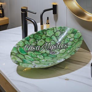 Green Agate Gemstone Sink | Luxury Handmade Vessel Wash Basin | Natural Semiprecious Stone Vanity Bowl | Polished Green Agate Bathroom Sink